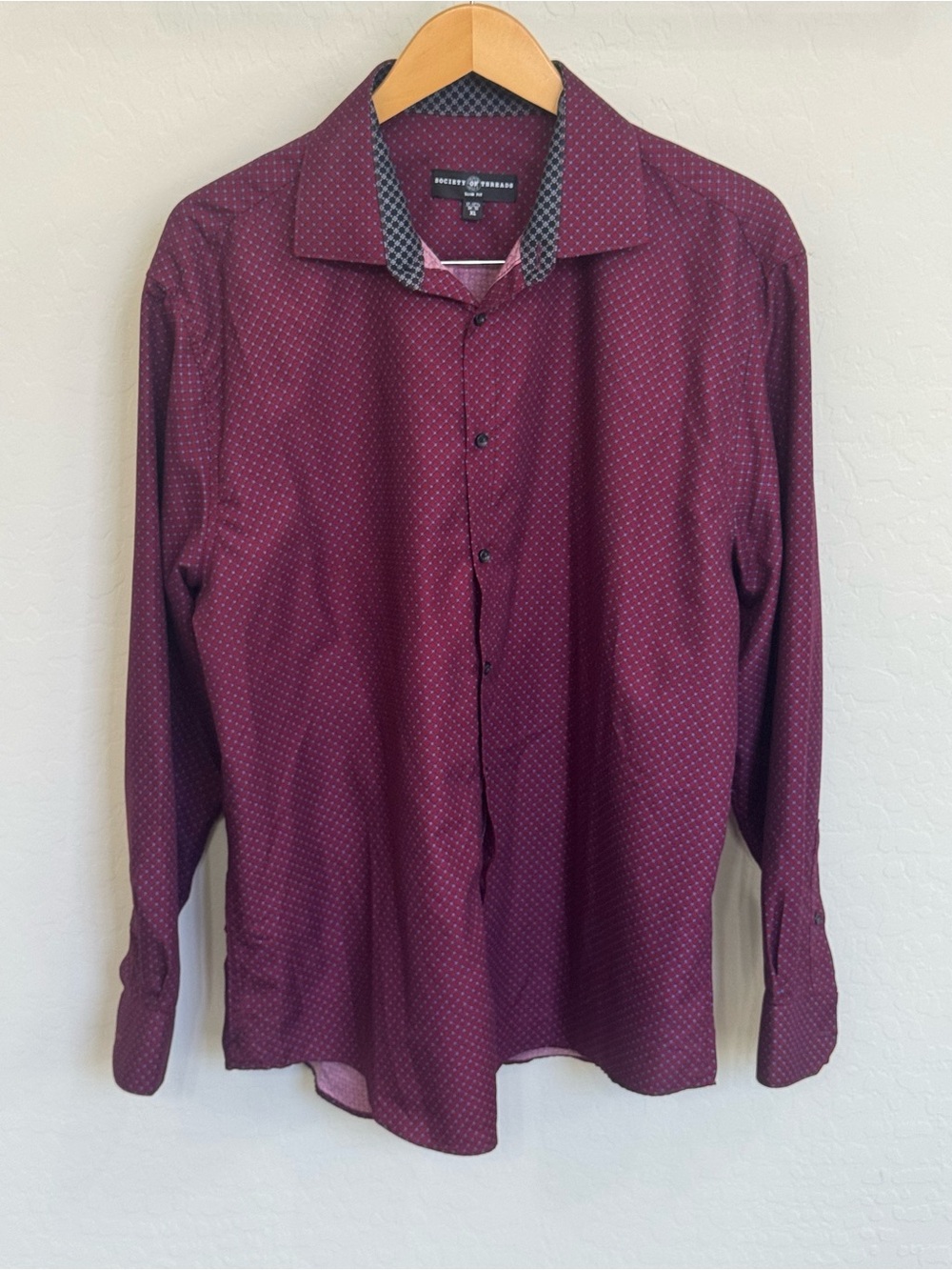 Society of Threads Men’s Slim Fit Dress Shirt Burgundy Geo Print XL 17-17.5